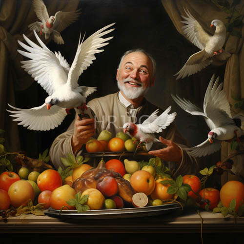High Resolution: Elderly Man in Timeless Wisdom with Apple and Doves on Weathered Table download. | HRJPG.com
