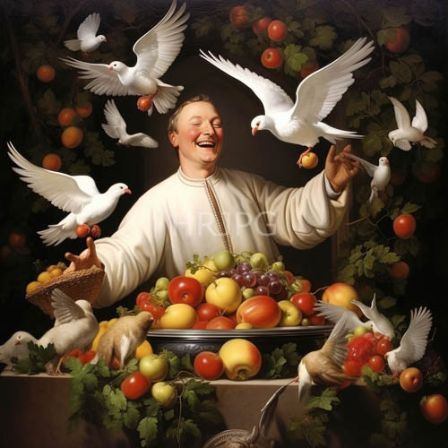elderly man offers abundant apples to soaring doves amidst lush greenery and sunlit folds