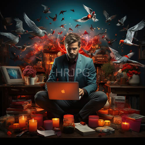 man in teal blazer types amidst candles and burgundy shirts on polished floorboards in evening