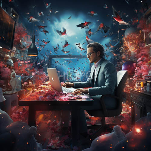 cityscapes emerge under lunar glow amidst falling petals and soaring birds in a focused workspace