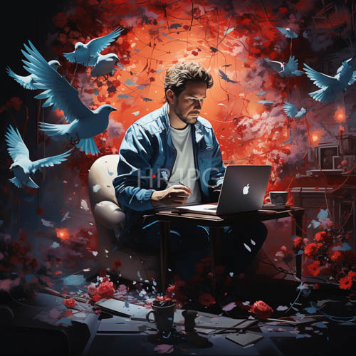 elegant wooden desk amidst whirling pigeons and petals in creative flow