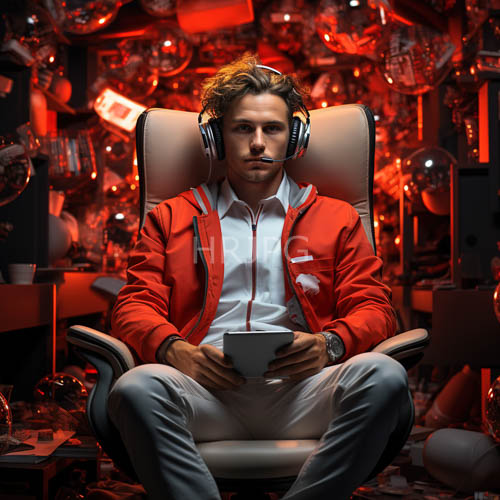 eclectic lifestyle with wary man in beige chair amidst amber spheres and red jacket