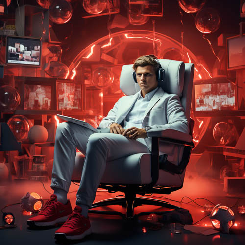 High Resolution: Man in LightBrown Hair Neon Circles and Holographic Spheres in HighTech Office Space download. | HRJPG.com