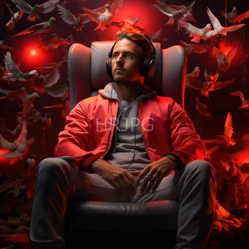 young white man in light brown hair surrounded by flying doves in redlit backdrop with casual chic ensemble
