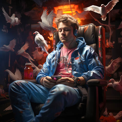 urban youth amidst shadows fades to light brown hair in satin jacket and pink hoodie