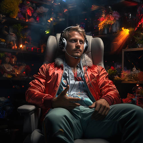 caucasian man in red jacket relaxing in cluttered creative space amid flickering candles and shelves