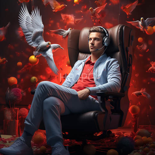 High Resolution: Surreal Sanctuary of Creative Freedom Amidst Crimson Canvas with Floating Elements download. | HRJPG.com