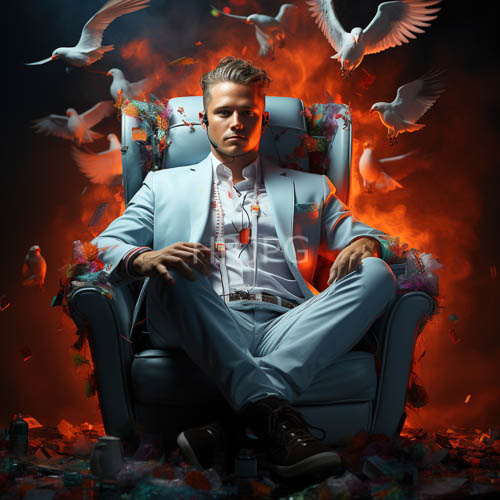 confident figure dominates fiery orange backdrop in luxurious crisp lightblue suit