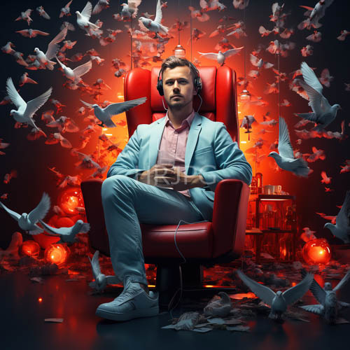 corporate professionalism collides with surrealist chaos in fiery orangered backdrop ambiance