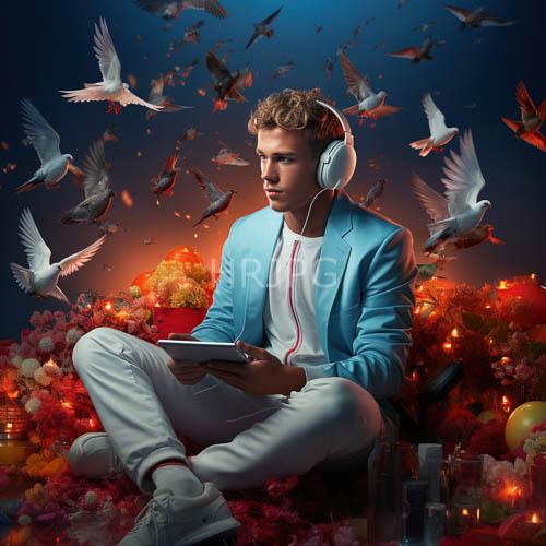 flying pigeons dance amidst vibrant flowers and emerging tech in serene outdoor setting