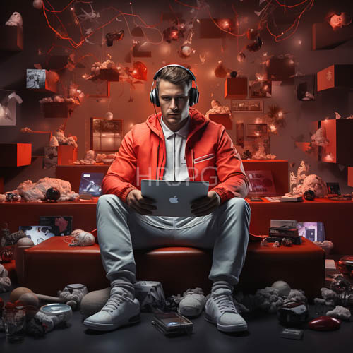 serious man with intense focus on silver macbook in contemporary urban workspace