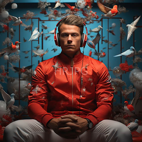 modern man with muscular physique in teal background with flying birds and headphones