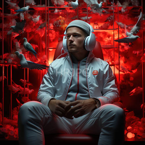 fashionable young man in crimson background with flying pigeons and headphones