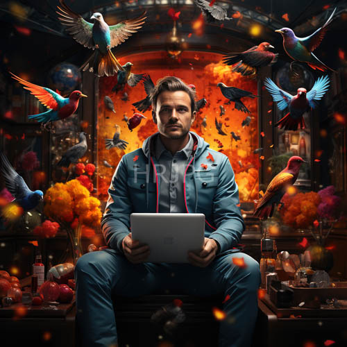 man in teal overalls amidst whirling birds and vibrant floral arrangements in a dimly lit space