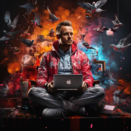 modern urban nomad in layered streetwear with laptop amidst abstract background