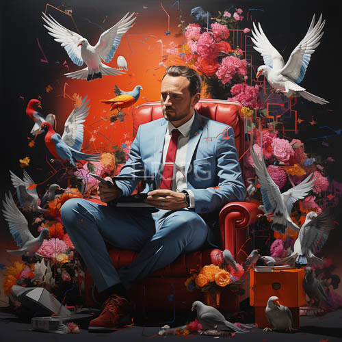 pinkred leather chair anchors modern business leader with pigeons and colorful flowers