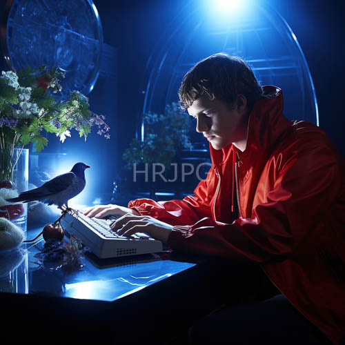 bird on glass table edges amidst vintage typewriter and blue spotlight in dimly lit room