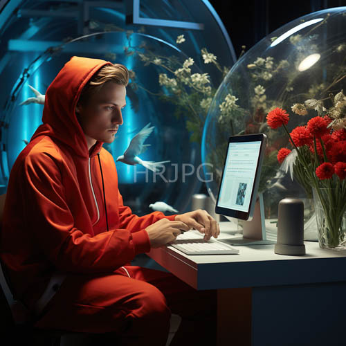 High Resolution: Man in Orange Hoodie Interacts with Typographic Software Amidst Aquatic and Botanical Elements download. | HRJPG.com