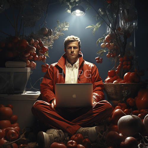 young caucasian man sits crosslegged in modern studio with macbook and red apples