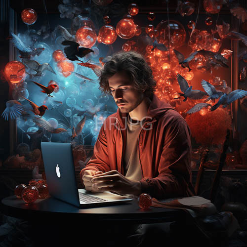 High Resolution: Nocturnal Tech with Dreamlike Reflections on Sleek Silver MacBook in Casual Office Setting download. | HRJPG.com