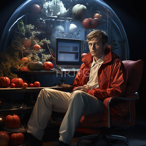 caucasian man in red jacket typing code among ripe apples and lush plants in glass dome setting