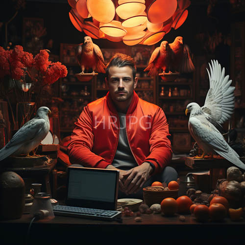 towering figure in red jacket commands attention in rustic setting with fruits and animals