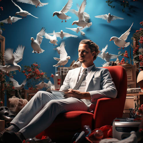High Resolution: Sleek Gray Suit Fills Seagull Filled Blue Background with Whimsical Objects download. | HRJPG.com