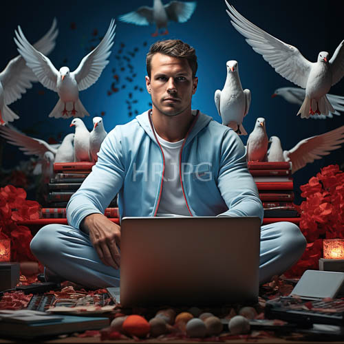 professional remote worker in composition with distressed fabric and doves in flight