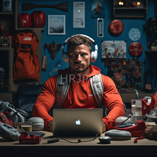 muscular athlete focuses intensely at wooden desk amidst cluttered training space