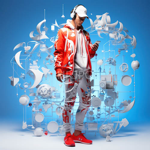 asian man in red and white futuristic streetwear surrounded by drifting geometric shapes on blue backdrop