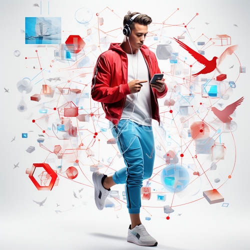 High Resolution: Young man in red jacket immersed in personal soundtrack amidst geometric hex patterns download. | HRJPG.com