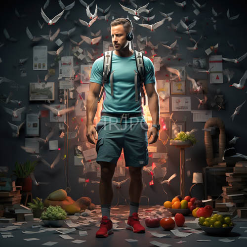 muscular bearded man stands amidst chaos with teal tshirt and red sneakers