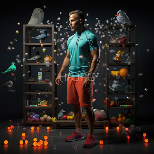 darkskinned man amidst colorful fruits and bird figurines in a sunlit modern setting