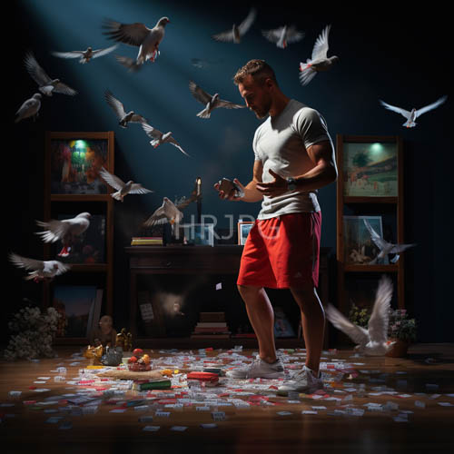 moody blue lighting illuminates sculpted athlete amidst playing cards and pigeons on warm wooden floor