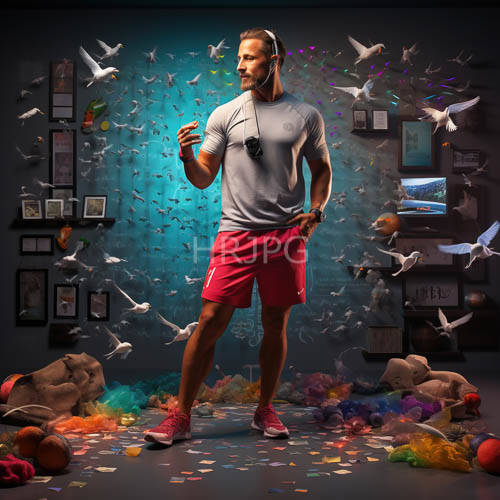 muscular man in motion against teal background with flying pigeons and sports memorabilia