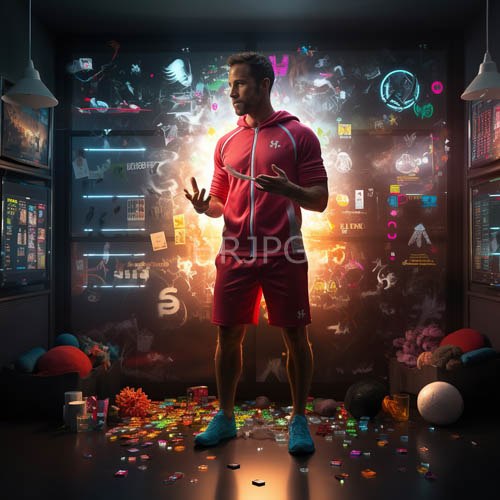 scattered confetti amidst neon tech stickers and bold athletic wear in urban setting