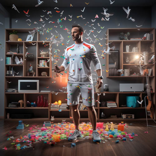 muscular bearded man stands amidst colorful confetti amidst bookshelves and polished wooden floor