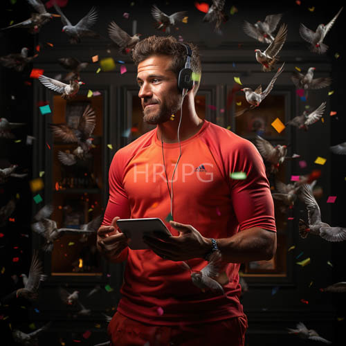 red adidas clad muscular man commands attention in confetti filled urban setting amidst soaring pigeons