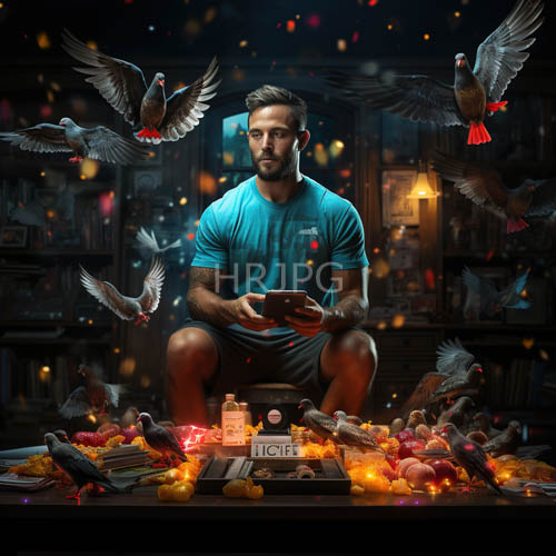 High Resolution: Muscular Man Squats Beside Stacked Books and Flickering Candles in a Weathered Library download. | HRJPG.com