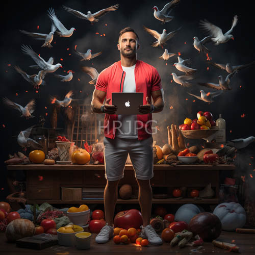 rugged strength amidst whirling doves and harvest fruits in moody shadows