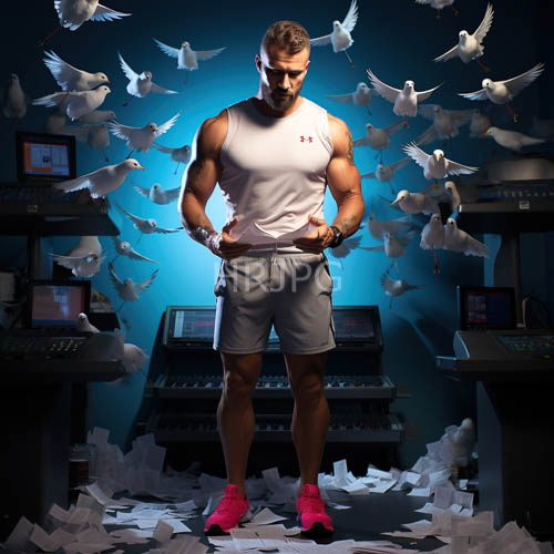 muscular man amidst papers and computers in modern professional workspace background