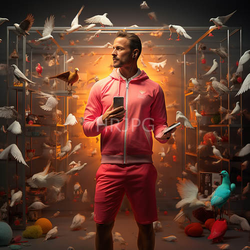 athletic aviary with orange light and multicolored birds on glass surround