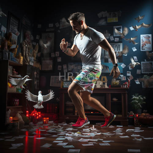 High Resolution: Muscular dancer in plaid shorts on weathered wooden floor among doves and abstract art download. | HRJPG.com
