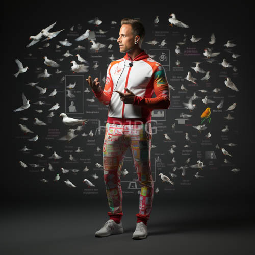 birds in midflight surround athletic man with red and white zipup jacket