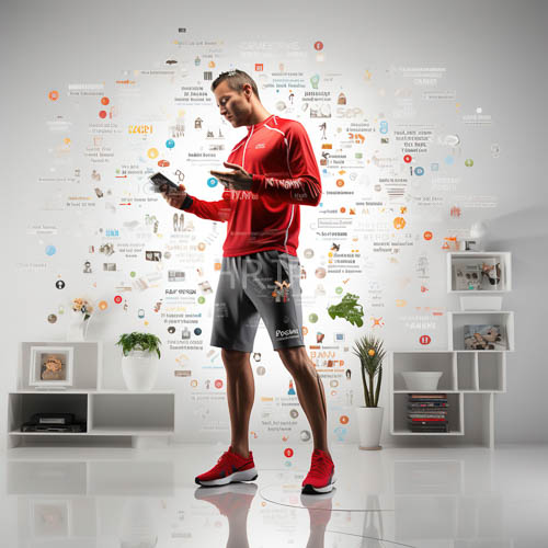 athletic black man in red shirt amidst app icons on white wall