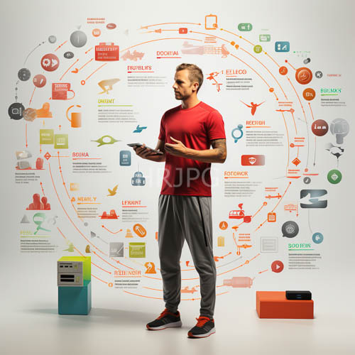 High Resolution: Athlete in Red TShirt Surrounded by Icons on Modern Workspace Background download. | HRJPG.com