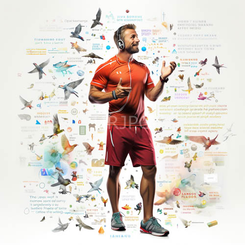 fitness enthusiast posing intensely midstride with vibrant accents against collage background