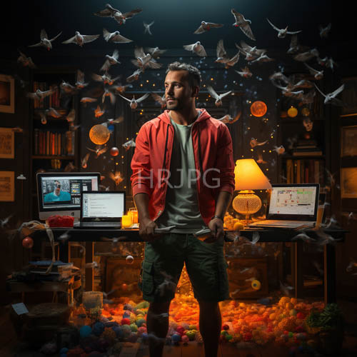 muscular bearded man in striking red jacket and green shorts amidst pigeons and confetti