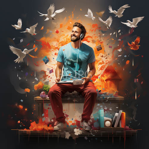 High Resolution: Brown Hair Man with Abstract Particles on Weathered Wooden Bench in Colorful Setting download. | HRJPG.com