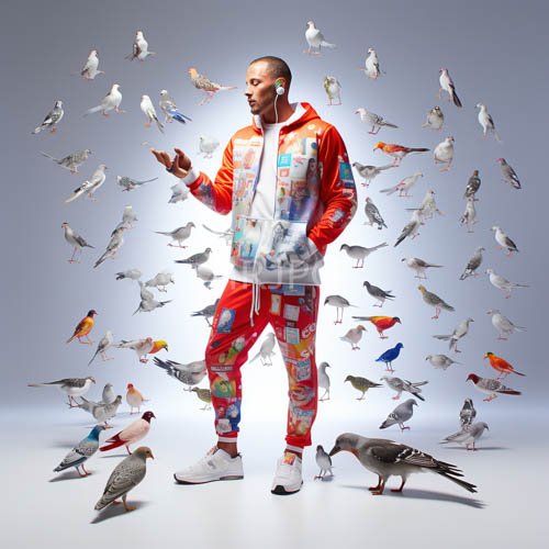 africanamerican man leads birds against muted gray studio backdrop